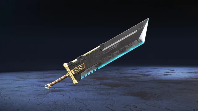 Mostra una spada gigante a blocchi con manico in legno e bordo azzurro.