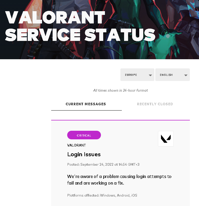Screenshot del messaggio sullo stato del servizio VALORANT.