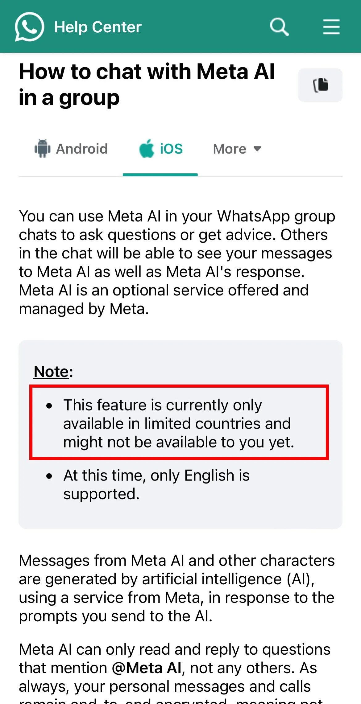 Meta AI non mostra WhatsApp